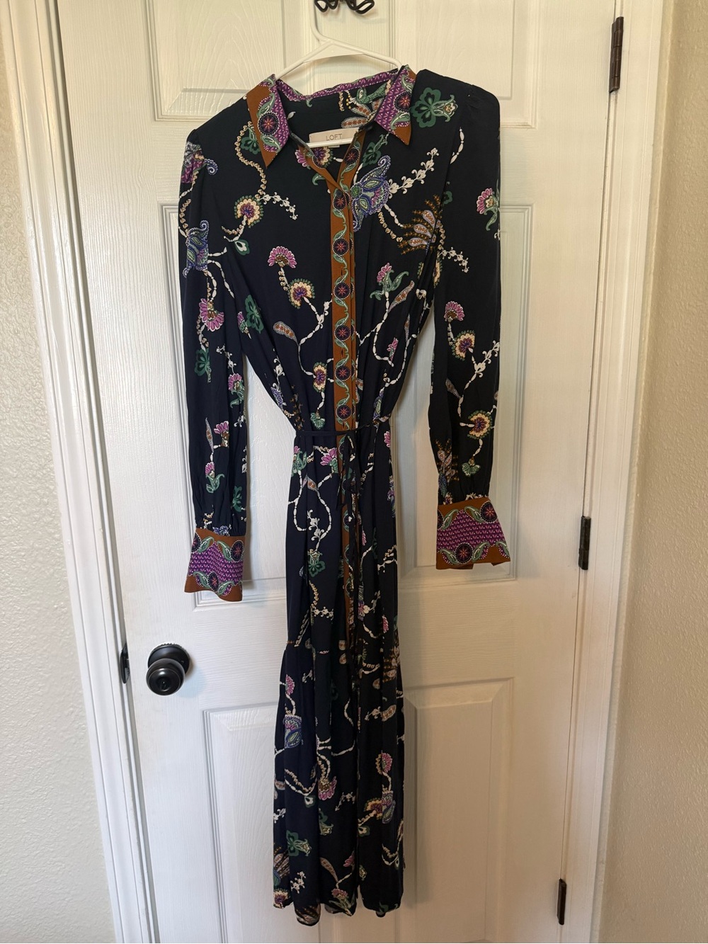 LOFT Black Floral Long-Sleeve Dress